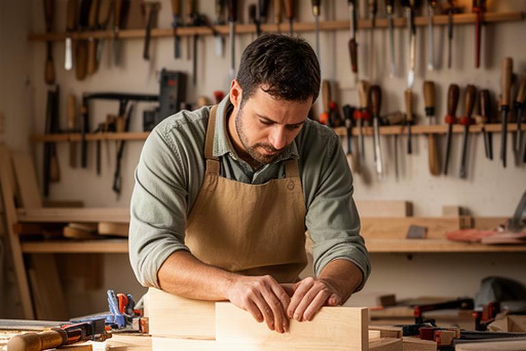Menuisier travaillant une pièce de bois dans un atelier rangé, outils visibles au mur