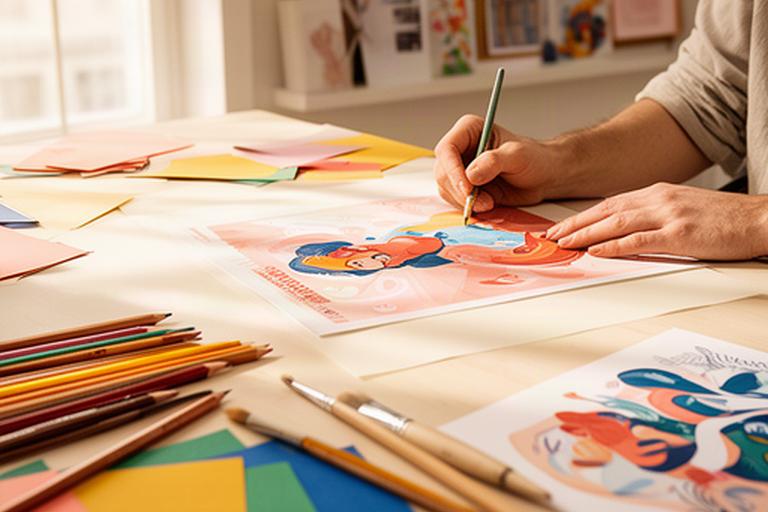 Illustratrice dessinant une affiche dans son atelier avec crayons et papiers colorés sur la table