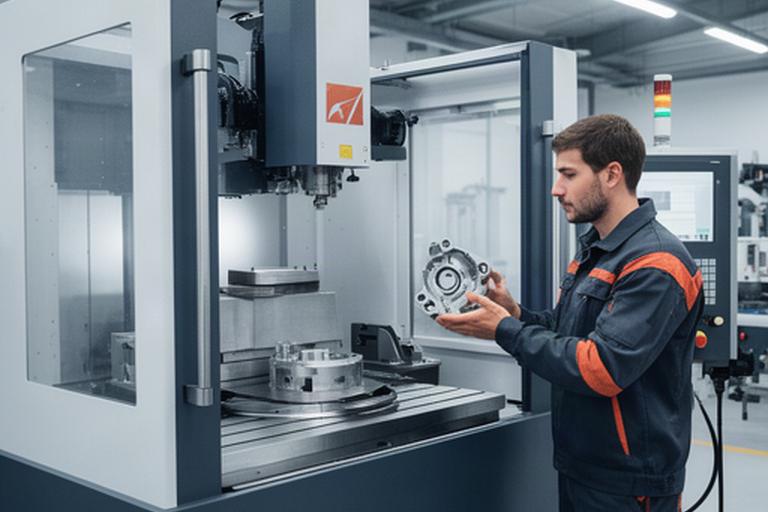 Atelier industriel propre avec machine de production et opérateur contrôlant une pièce