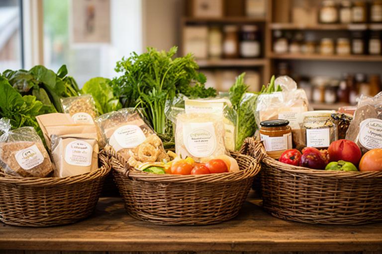Paniers de produits d'un producteur local présentés sur un comptoir en bois dans une boutique de village