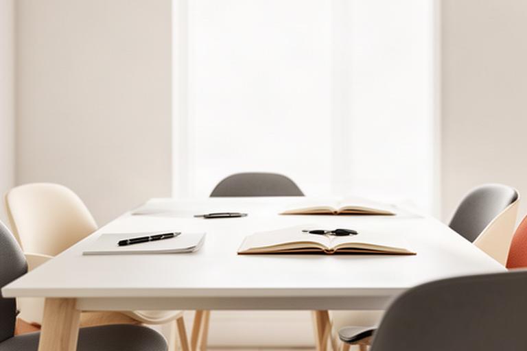 Bureau de conseil lumineux avec table de réunion, carnets ouverts et chaises autour