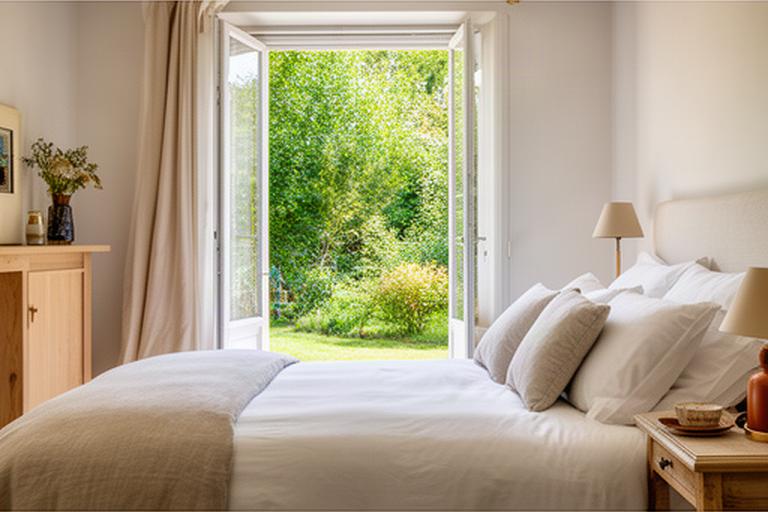 Chambre de gîte de la vallée de la Loire avec linge clair et fenêtre donnant sur un jardin