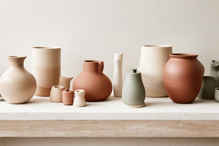 Objets en céramique artisanale aux tons naturels alignés sur une étagère claire